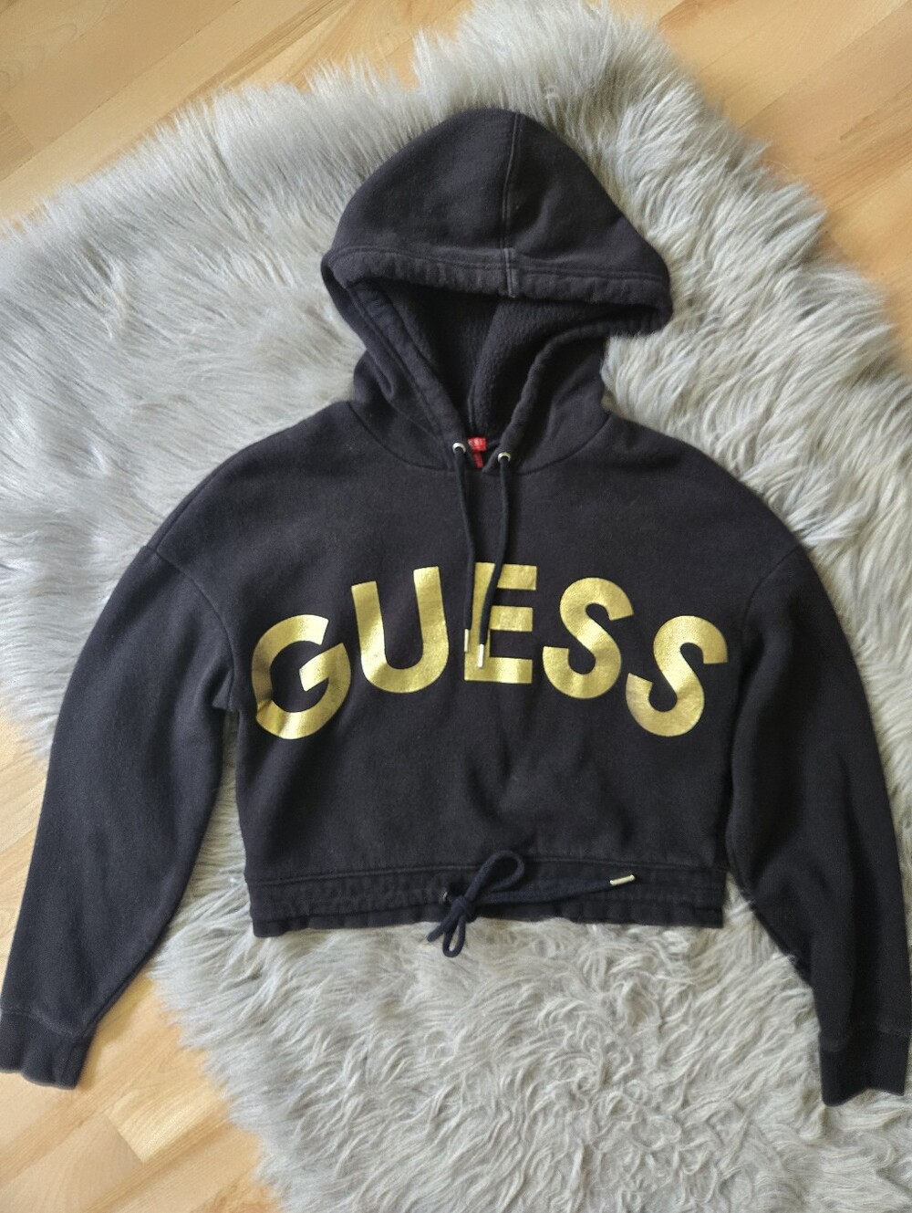 Guess Cropped Waist Tie Gold Lettering Hoodie